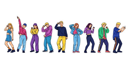 Obraz premium Dynamic illustration of diverse young individuals in vibrant street fashion, striking energetic dance poses embodying modern youth culture, urban lifestyle, and a free spirit