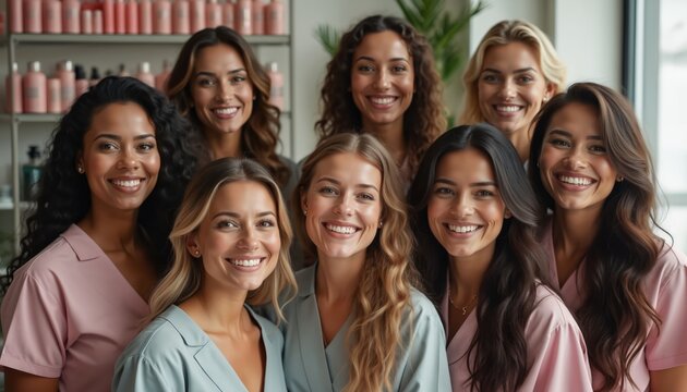 Group of smiling beauticians stand together in salon. Diverse women in uniform show teamwork and staff unity. Professionals pose in beauty parlour ready for clients. - Powered by Adobe