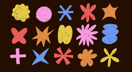 Abstract clouds and flowers stars shapes sticker set. Crayon blob shapes in abstract brush doodle with crayon drawn