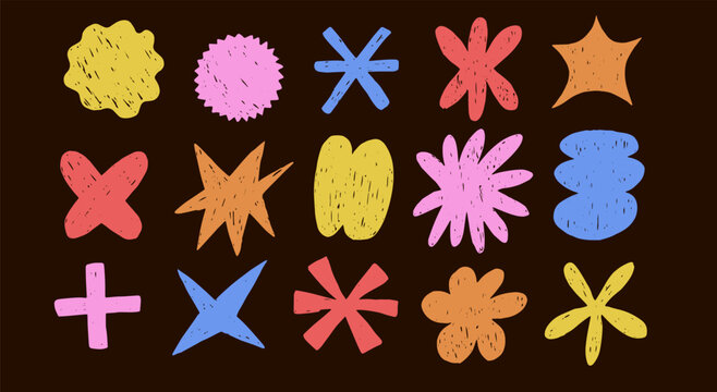 Abstract clouds and flowers stars shapes sticker set. Crayon blob shapes in abstract brush doodle with crayon drawn