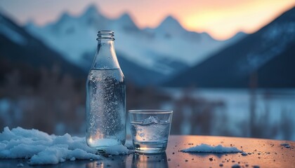 Bottle and glass of crystal clear water on snowy table. Blurred snow mountain landscape background with sunset. Organic pure natural water in transparent bottle and glass with ice cubes.