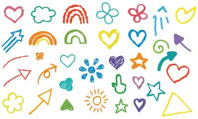 Bright and playful hand-drawn doodles featuring hearts, stars, rainbows, flowers, arrows, and leaves. Perfect for creative design projects, kids’ art, blog graphics, and stickers.