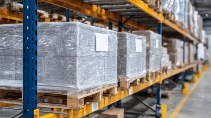 Close-up view of frozen food pallets, shrink-wrapped and organized, cold warehouse environment with metallic shelving