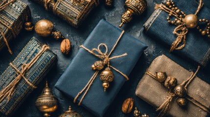 Assortment of elegantly wrapped presents featuring rustic twine and ornate metallic decorations on a dark surface