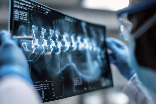 Close-up of doctor examining spinal x-ray image for vertebral diagnosis in modern medical facility - Powered by Adobe
