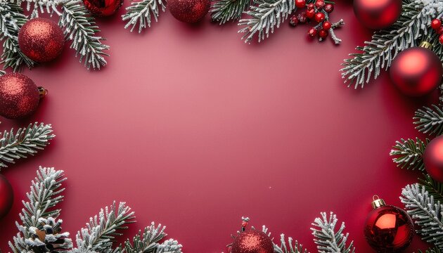 plano de estudio navide&ntilde;o con un fondo rojo vibrante liso. El borde est&aacute; enmarcado por ramas de pino artificial escarchado (con efecto de nieve) y adornos (bolas) de Navidad de color rojo.
