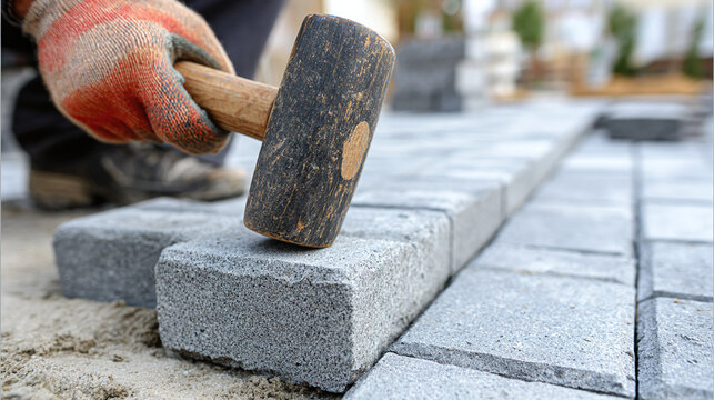 A gloved worker uses a hammer to install gray stone pavers. The focus is on the construction process and the texture of the pavers.