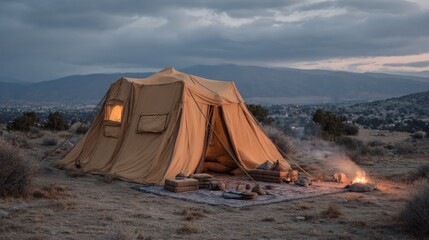 Large canvas shelter illuminated by warm interior light stands beside a crackling campfire in a rugged landscape at dusk