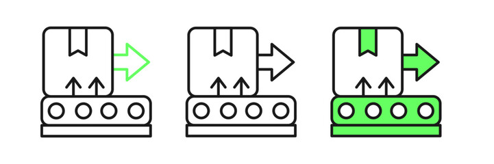 Set line Conveyor belt with cardboard box icon isolated on white background. Vector