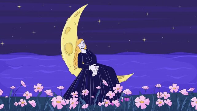 Lofi girl resting on swaying crescent moon animation cartoon wallpaper. Sleeping woman by lake. Rustling flowers and twinkling stars. Lo fi 2D animated background 4k video. Concept chill aesthetic