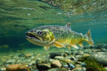 Naklejka premium Smolt: A Vibrant Representation of Chinook Salmon in Spring Waters - Underwater River Scene