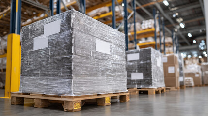 Close-up of frozen food pallets with shrink-wrap, stacked in supermarket warehouse, bright overhead lighting