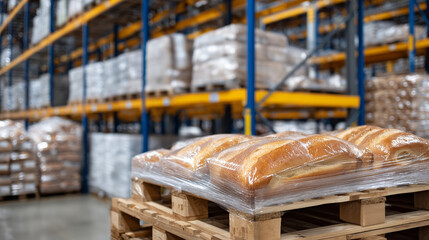 Close-up of bakery pallets with packaged bread, supermarket warehouse shelves in background, organized storage layout