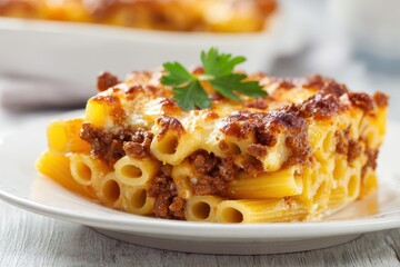 Savory Ziti Bolognese: Hearty Pasta Casserole with Minced Meat, Rich Tomato Sauce, and Melted Cheese Served on a White Plate