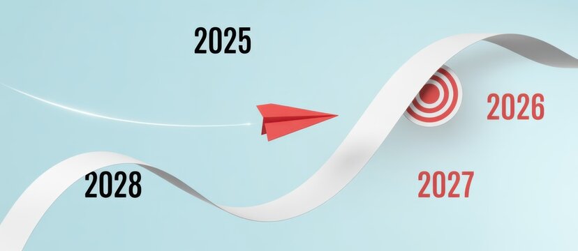 A Journey to Tomorrow: A symbolic red paper airplane soars toward a bullseye target, charting a course through time that embodies progress and goal-setting.