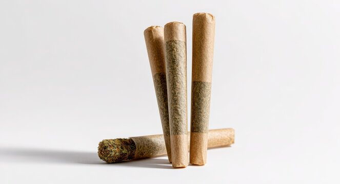 Medicinal Cannabis Prerolls Vertically Aligned on White Background with Dynamic Shadow