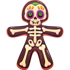 Day of the Dead Skeleton Gingerbread Cookie With Colorful Icing Eyes and Green Hair Detail on Transparent Background