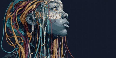 Abstract portrait of a woman with colorful wires and beads.