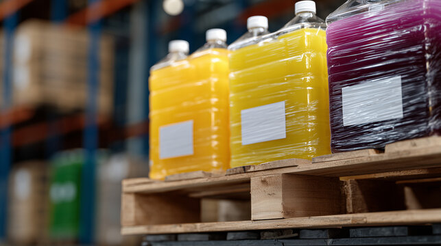 Stacked pallets of bottled juices, close-up view highlighting labels, wrapped and arranged neatly in warehouse