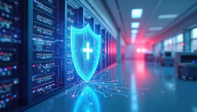 Digital shield with plus sign protects servers in data center. Neon glow on circuit board pattern below. Network security and IT infrastructure.