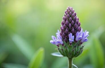 Prunella vulgaris purple flower blooms on green blurry background. Closeup of common self heal plant growing in summer garden field. Medicinal wildflower popular herb for natural medicine. Violet