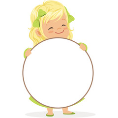 Cute Blonde Girl With Green Bow Holding A White Circle For Text And Design Transparent Background