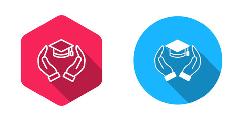 Filled and outline Education grant icon isolated with long shadow background. Tuition fee, financial education, budget fund, scholarship program, graduation hat. Vector