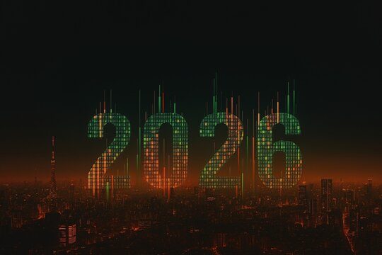 Futuristic 2026 New Year concept with digital numbers glitching over a city skyline at night. Technology and future celebration background