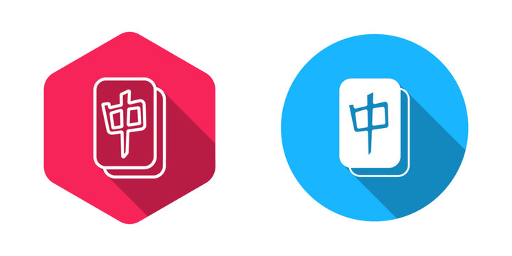 Filled and outline Mahjong pieces icon isolated with long shadow background. Chinese mahjong red dragon game emoji. Vector