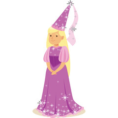Blonde Fairytale Princess in a Purple Gown and Tall Conical Hat Adorned with Sparkles and Stars Standing with Hands Clasped Against a White Background