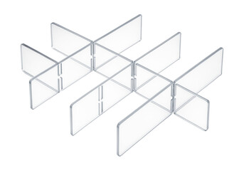 Adjustable acrylic drawer dividers for organizing toiletries in bathroom cabinets.