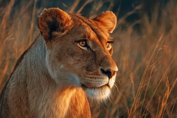 Fototapeta premium The Lioness Bathed in Morning Light, Captured in the Majestic Masai Mara, Kenya