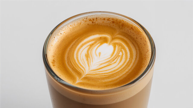 Close-up of a latte with latte art in a clear glass.