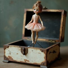 Naklejka premium Vintage ballerina doll stands inside an old wooden chest. Doll wears a pink tutu. Aged box has metal accents. Nostalgic toy display. Delicate antique treasure.