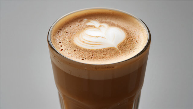 Close-up of a latte with latte art in a tall glass.