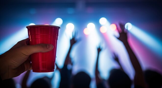 Young adults enjoying a night out at a club party dancing cheering holding drinks in a plastic red cup happy lifestyle fun celebration with friends good times nightlife