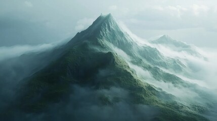 Majestic Mountain Peak Emerging from Misty Cloudscape.