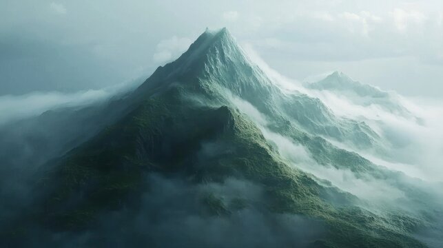 Majestic Mountain Peak Emerging from Misty Cloudscape.