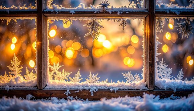 Frosted Window with Snowflakes and Golden Light