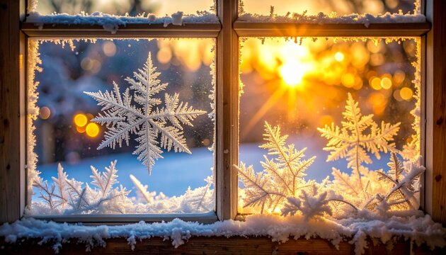 Frosted Window with Snowflakes and Golden Light