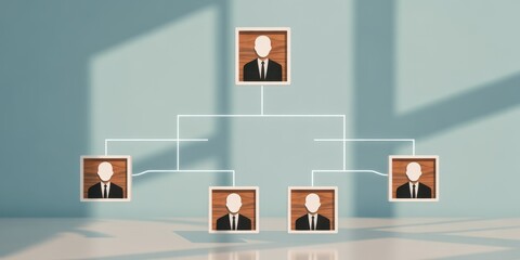 Business Hierarchy: A visual representation of a corporate structure, with connected portraits illustrating organizational levels and the flow of authority.
