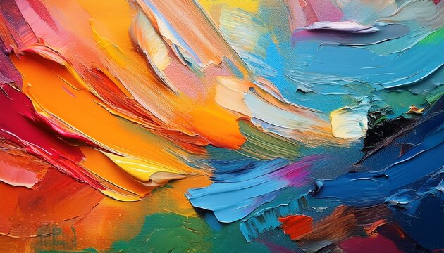 Abstract Colorful Oil Painting On Canvas Oil Paint Texture With Brush And Palette Knife Strokes Multi Colored Wallpaper Macro Close Up Acrylic Background Modern Art Concept Horizontal Fragment