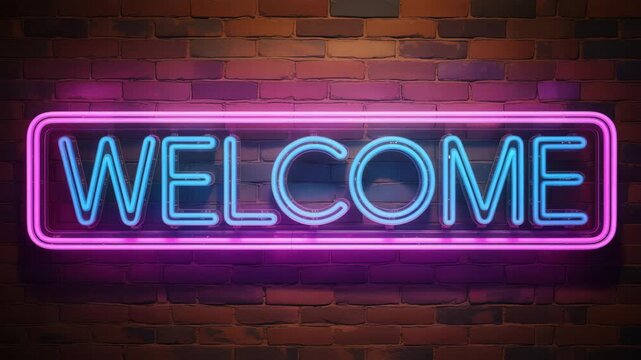 Bright blue neon sign spelling welcome with pink border glowing on a dark brick wall background