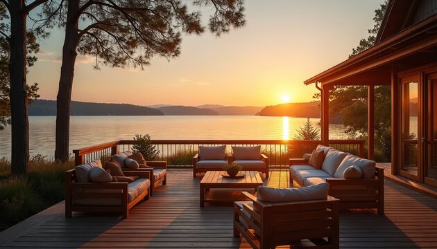 Wooden deck with comfy sofas and chairs overlooks calm lake at sunset. House view shows scenic water landscape with distant hills and warm sky. Peaceful evening at lakeside retreat. - Powered by Adobe