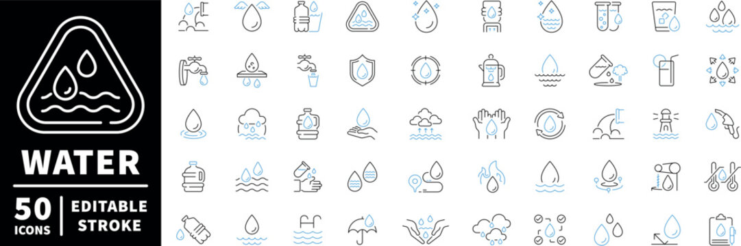 Water conservation icons set. editable line icons, outline, eco-friendly, nature