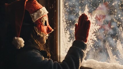 A girl in a Santa hat and mask looks out a frosty window at the snow. Child touching a large snowflake ice crystal on the glass. Christmas holiday magic and winter wonder - Powered by Adobe