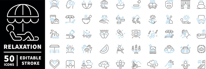 Relaxation icons set. editable line icons, outline, spa, wellness symbols