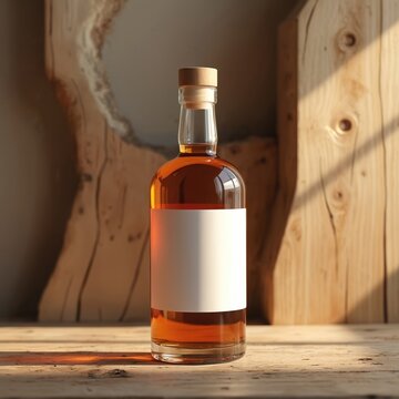 Clear glass bottle with amber liquid, white label sits on wooden table. Natural light casts shadows on wood grain background. Alcohol beverage mockup for branding product shot. Empty space for text.