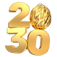 Shiny golden 2030 numbers featuring a luxury Christmas ornament replacing the central zero, celebrating New Year's Eve.