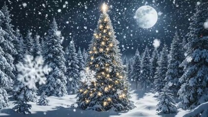 A magical snowflake melts and reveals a glowing Christmas tree in a snowy forest at night. Winter holiday animation with falling snow under a full moon. - Powered by Adobe